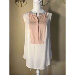 Ann Taylor Loft Cream Pink Gray Sleeveless Button Neck Blouse XS